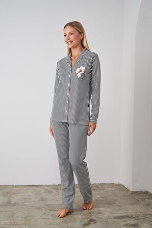 Pjs 24504 Kadın Düğmeli Çizgili Pijama Takım