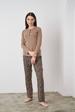 Pjs 24512 Kadın Leopar Desenli Patlı Pijama Takım