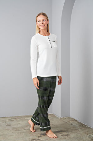 Pjs 24561 Yeşil Uzun Kollu Ekoseli Kadın Pijama Takımı