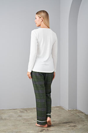 Pjs 24561 Yeşil Uzun Kollu Ekoseli Kadın Pijama Takımı