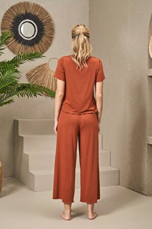 Pjs Pijama 25109 Kadın V Yaka Kısa Kollu Bol Paçalı Pijama Takım