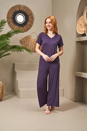 Pjs Pijama 25109 Kadın V Yaka Kısa Kollu Bol Paçalı Pijama Takım
