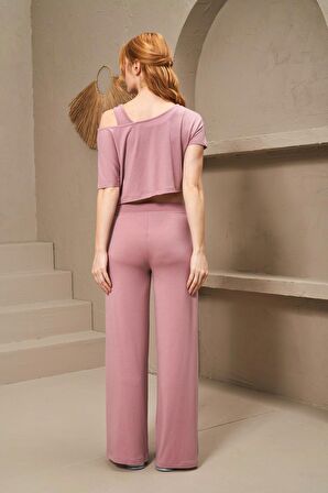 Pjs Pijama 25172 Kadın Kayık Yaka Yırtmaçlı Bol Paça Büstiyerli Üçlü Takım