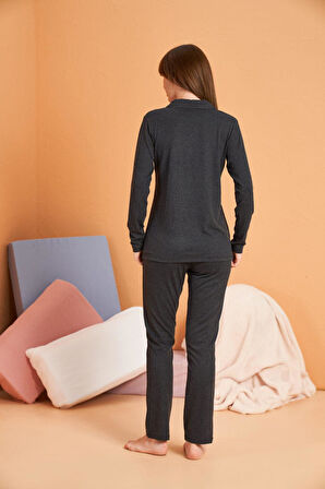 PJS Kadın Antrasit Uzun Kollu Pijama Takımı 28090 