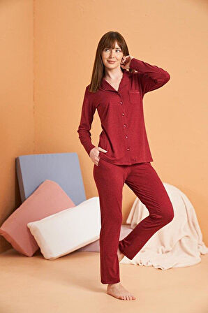PJS Kadın Bordo Uzun Kollu Pijama Takımı 28090 