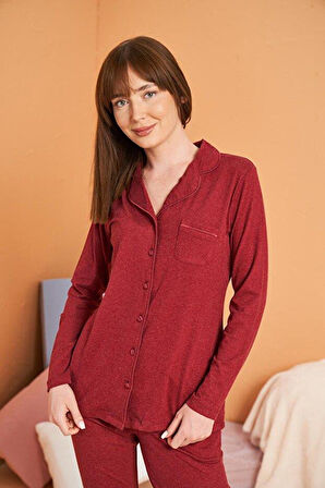 PJS Kadın Bordo Uzun Kollu Pijama Takımı 28090 