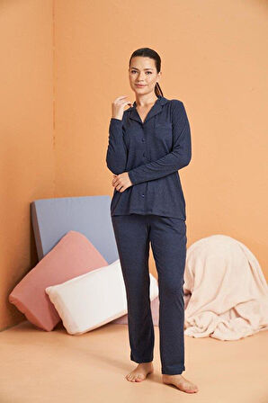 PJS Kadın Lacivert Uzun Kollu Pijama Takımı 28090 