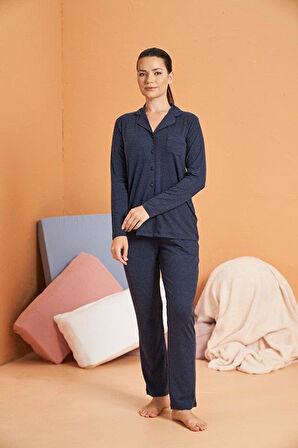 PJS Kadın Lacivert Uzun Kollu Pijama Takımı 28090 