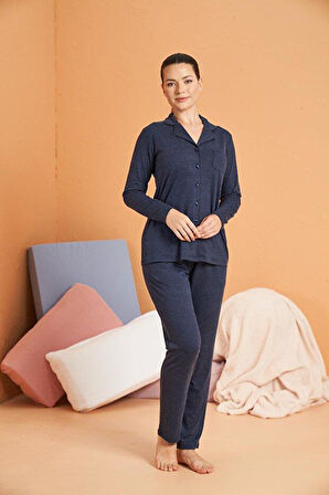 PJS Kadın Lacivert Uzun Kollu Pijama Takımı 28090 
