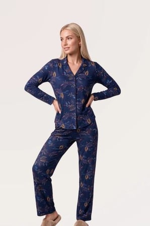 Pjs Kadın Lacivert Gömlek Yaka Uzun Kol Pijama Takımı 30171 