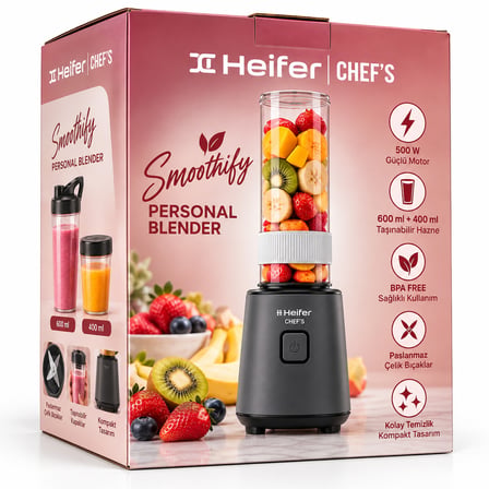 Heifer Chef’s Smoothify Personal Blender 500 W – 2 Adet Taşınabilir Hazne, Siyah