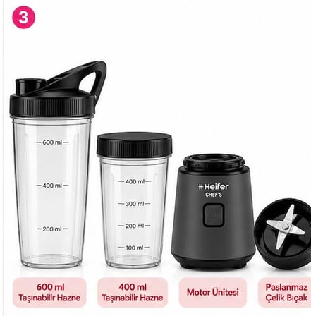 Heifer Chef’s Smoothify Personal Blender 500 W – 2 Adet Taşınabilir Hazne, Siyah