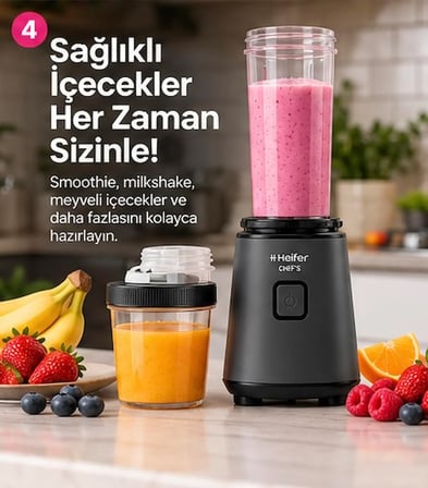 Heifer Chef’s Smoothify Personal Blender 500 W – 2 Adet Taşınabilir Hazne, Siyah