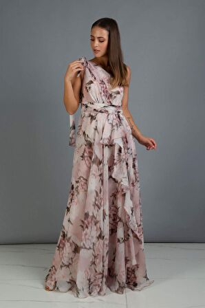 Pudra Empirme Tek Kol Yırtmaçlı Uzun Abiye Elbise