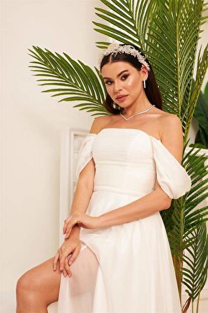 Ekru Şifon Düşük Kollu Uzun Nikah ve Dış Çekim Elbisesi