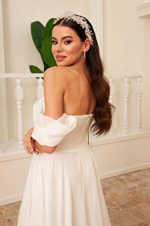 Ekru Şifon Düşük Kollu Uzun Nikah ve Dış Çekim Elbisesi