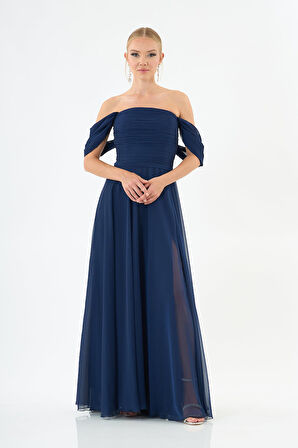Carmen Kadın Şifon Düşük Kollu Uzun Abiye Elbise 58097 Lacivert