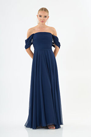 Carmen Kadın Şifon Düşük Kollu Uzun Abiye Elbise 58097 Lacivert