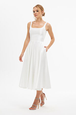 Carmen Kadın Sırt Dekolteli Midi Saten Abiye Elbise 58131 Ekru