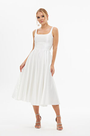 Carmen Kadın Sırt Dekolteli Midi Saten Abiye Elbise 58131 Ekru