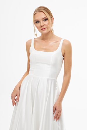 Carmen Kadın Sırt Dekolteli Midi Saten Abiye Elbise 58131 Ekru