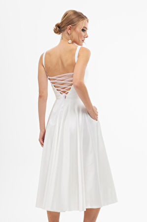 Carmen Kadın Sırt Dekolteli Midi Saten Abiye Elbise 58131 Ekru