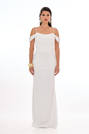 Carmen Kadın Askılı Uzun Şifon Abiye Elbise 58464 Ekru