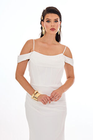 Carmen Kadın Askılı Uzun Şifon Abiye Elbise 58464 Ekru