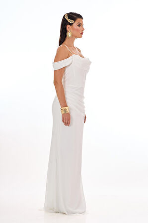 Carmen Kadın Askılı Uzun Şifon Abiye Elbise 58464 Ekru