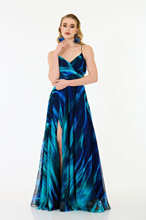 Carmen Kadın Askılı Empirme Şifon Abiye Elbise 58435 Saks