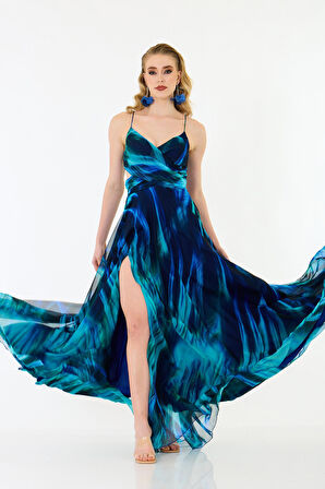 Carmen Kadın Askılı Empirme Şifon Abiye Elbise 58435 Saks