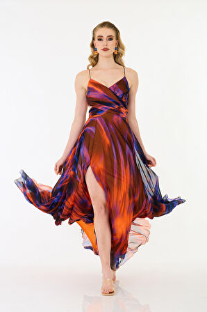 Carmen Kadın Askılı Empirme Şifon Abiye Elbise 58435 Oranj