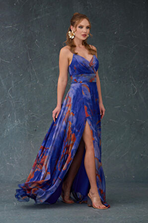 Carmen Kadın Askılı Sırt Dekolteli Empirme Abiye Elbise 58439 Saks