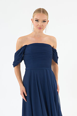 Carmen Kadın Şifon Düşük Kollu Uzun Abiye Elbise 58097 Lacivert