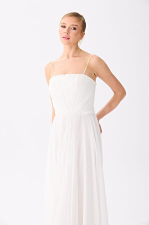 Carmen Kadın Askılı İşlemeli Şifon Abiye Elbise 58459 Beyaz