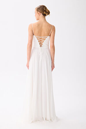 Carmen Kadın Askılı İşlemeli Şifon Abiye Elbise 58459 Beyaz