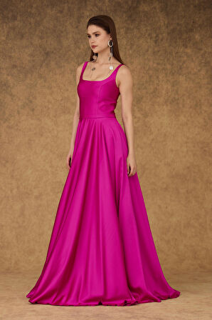 Carmen Kadın Kare Yaka Saten Abiye Elbise 58506 Fuşya