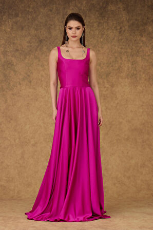 Carmen Kadın Kare Yaka Saten Abiye Elbise 58506 Fuşya