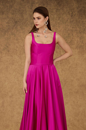 Carmen Kadın Kare Yaka Saten Abiye Elbise 58506 Fuşya