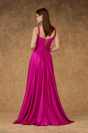 Carmen Kadın Kare Yaka Saten Abiye Elbise 58506 Fuşya