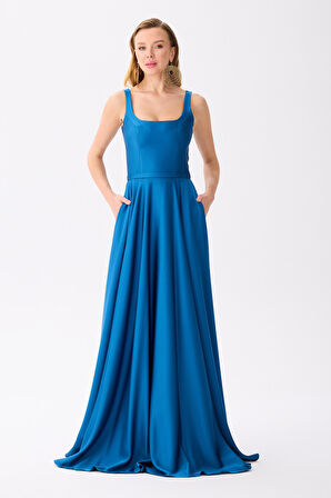 Carmen Kadın Kare Yaka Saten Abiye Elbise 58506 Petrol