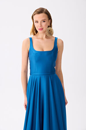 Carmen Kadın Kare Yaka Saten Abiye Elbise 58506 Petrol