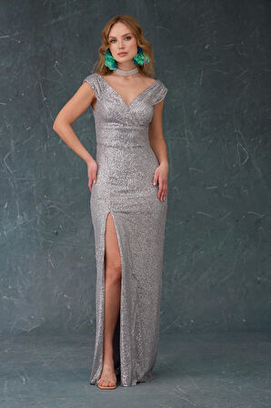 ELBISE UZUN HAKI PAYETLİ YIRTMACLI