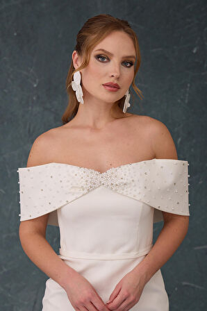 Carmen Kadın Düşük Kol İncili Krep Söz Elbisesi 58503 Beyaz