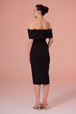 Carmen Kadın Düşük Kol İncili Krep Söz Elbisesi 58503 Siyah