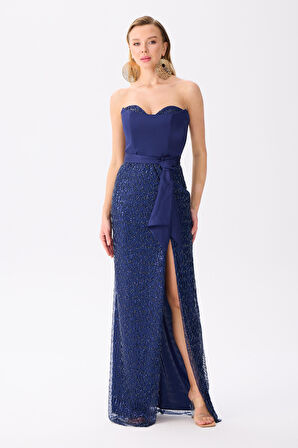 Carmen Kadın Straplez Yırtmaçlı Payetli Abiye Elbise 58509 Lacivert