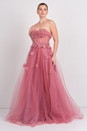 Carmen Kadın Straplez Korsajlı Eteği Tül Maxi Abiye Elbise 8451 Lavanta