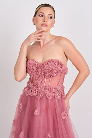 Carmen Kadın Straplez Korsajlı Eteği Tül Maxi Abiye Elbise 8451 Lavanta