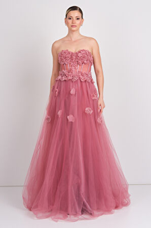 Carmen Kadın Straplez Korsajlı Eteği Tül Maxi Abiye Elbise 8451 Lavanta