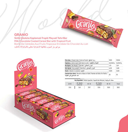 Granio Sütlü Çikolata Kaplamalı Yulaf Ezmeli Tropikal Meyveli Bar 40 Gr X 24 Adet